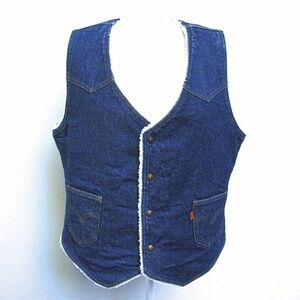 Levi’s Blue Denim Vest Sherpa Lined Orange Tab Snap Front Mens Size L